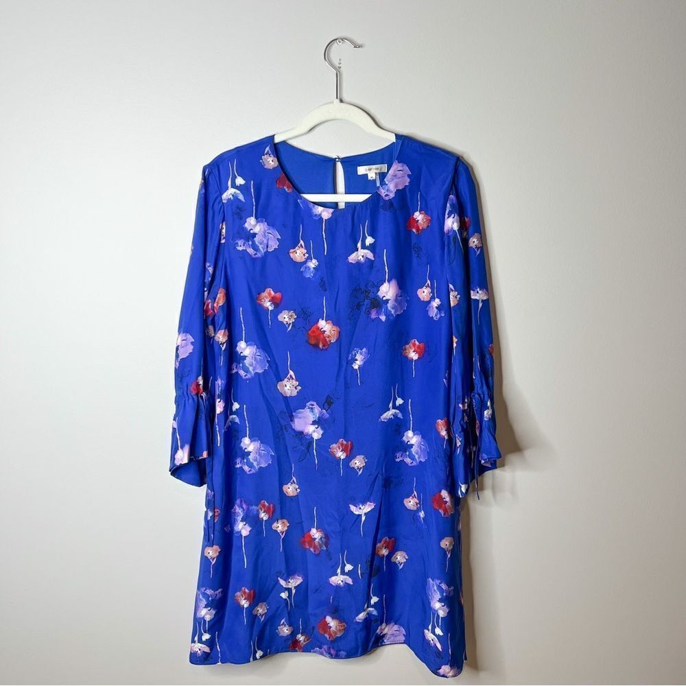Tyler Boe Blue Floral Tie Sleeve Silk Dress